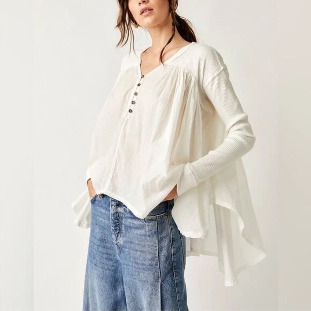Free People Lyrical Tunic White Cotton Flowy Top Long Sleeve Button Placket XL